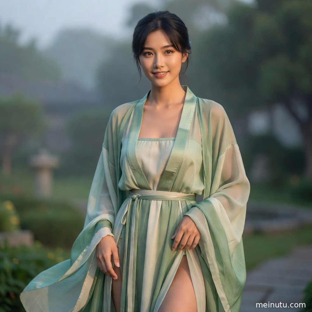 古装美女身着华丽唐风汉服回眸入镜，柔和光影突出东方韵味。