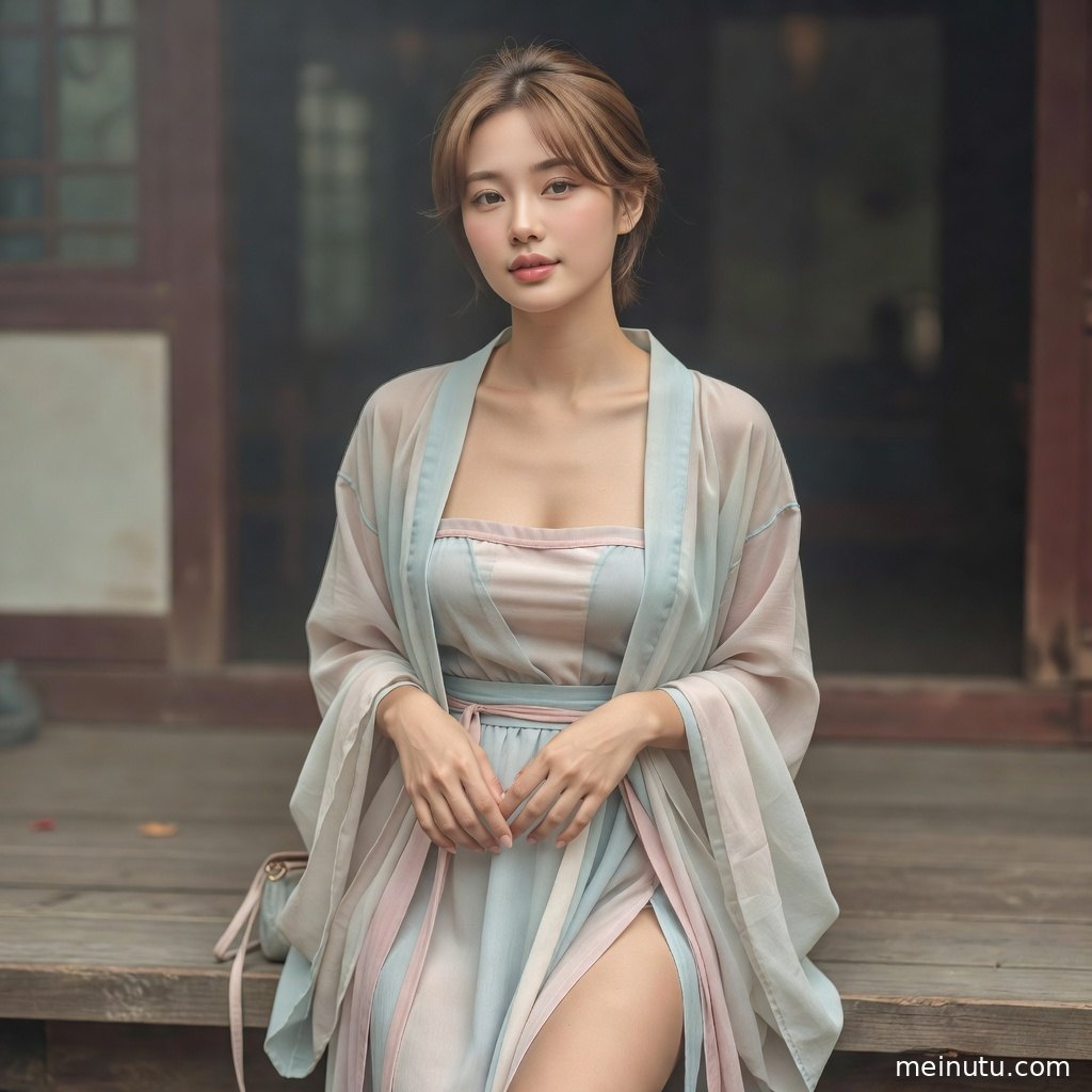 唐风汉服人物置身花影与卷轴背景中，服饰层次清晰适合作为高清壁纸。
