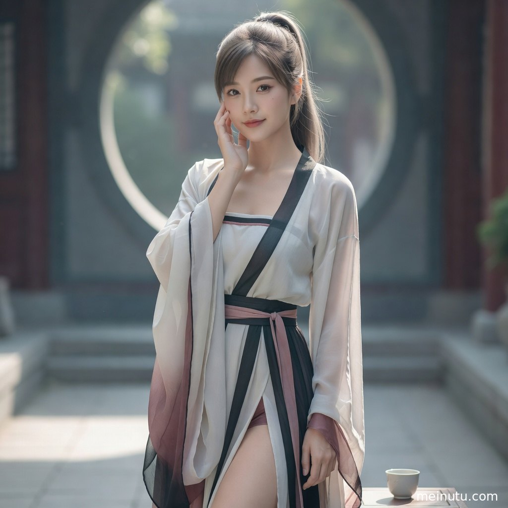 唐风汉服模特身着华丽齐胸襦裙与披帛，在古典栏杆前呈现国风写真氛围。