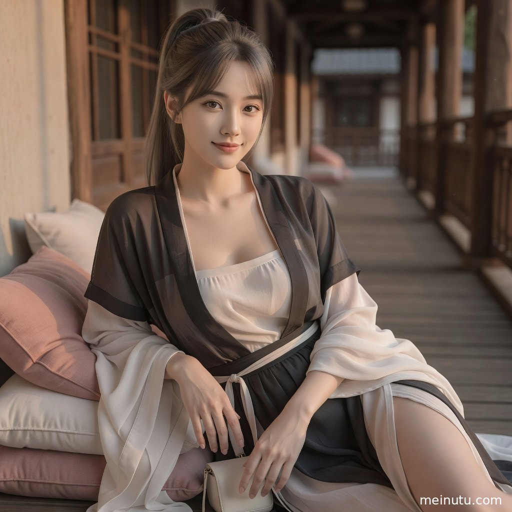 唐风汉服写真中的模特立于花影场景，裙摆层次与柔和光线突出国风美感。