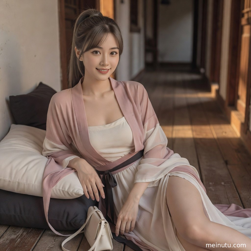 高清汉服写真展示盛唐风格造型，披帛、发髻与古典背景形成雅致画面。