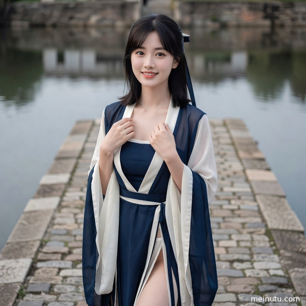 唐风汉服女性模特身着齐胸襦裙立于宫苑廊下，展现国风写真氛围。