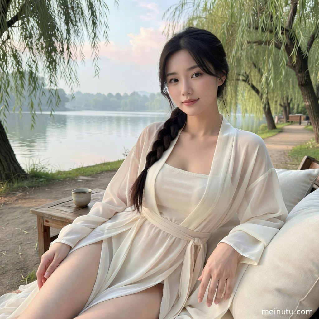 唐风汉服女性模特身着华丽襦裙立于中式庭院，展现汉服美女古风写真质感。