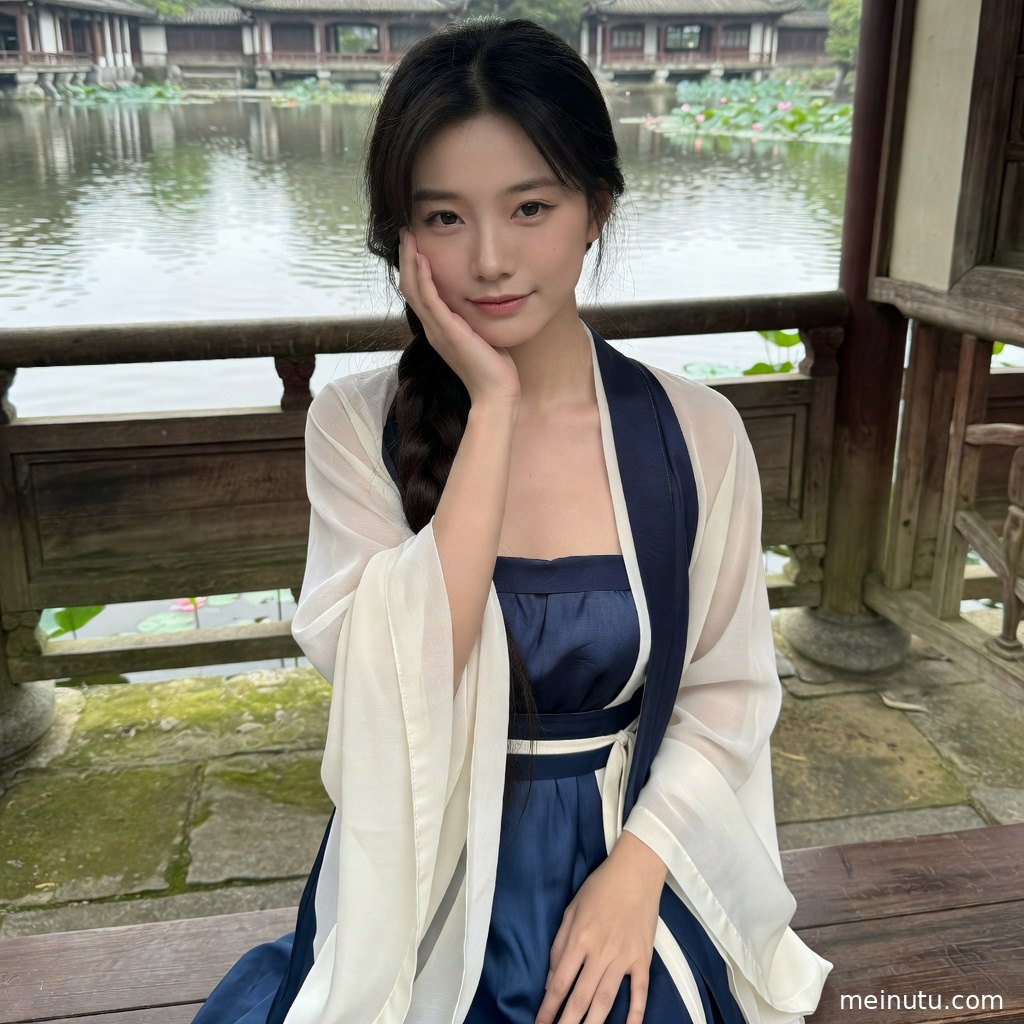 唐风汉服写真中女性模特佩戴精致发饰，披帛与绣纹服饰营造国风写真氛围。