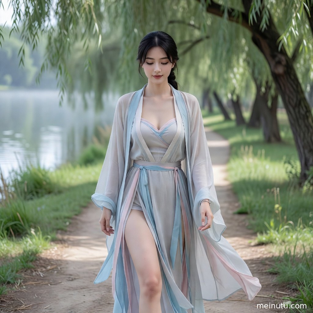 高清唐风汉服图集画面呈现女性模特侧身凝望，柔和光影突出古装美女气质。