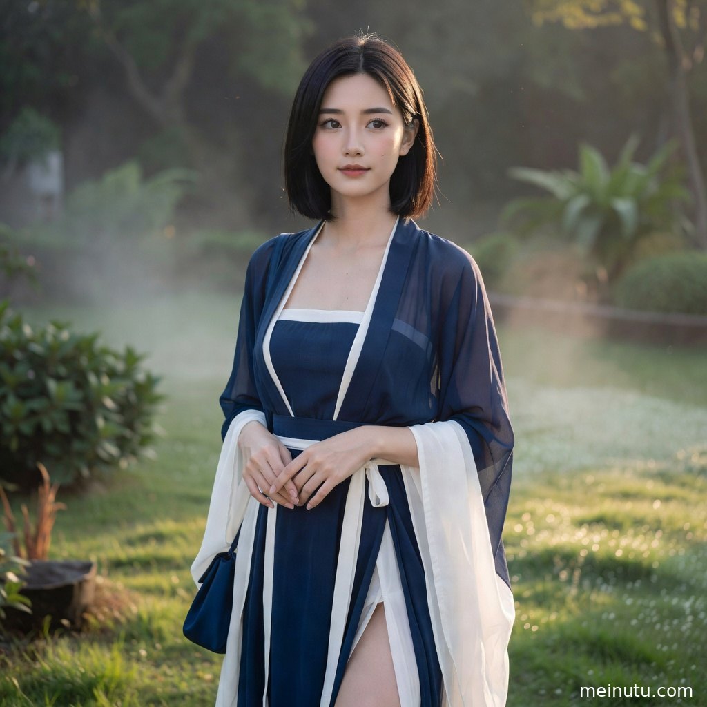 唐风汉服人物置身花影背景，柔和色调呈现高清汉服写真画面。