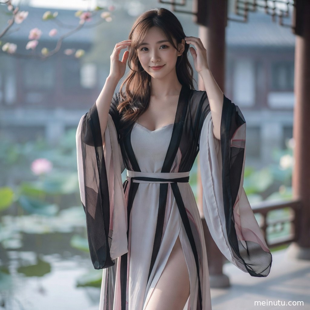 汉服美女搭配披帛与花钿妆容，画面突出唐风汉服写真中的华丽服饰细节。