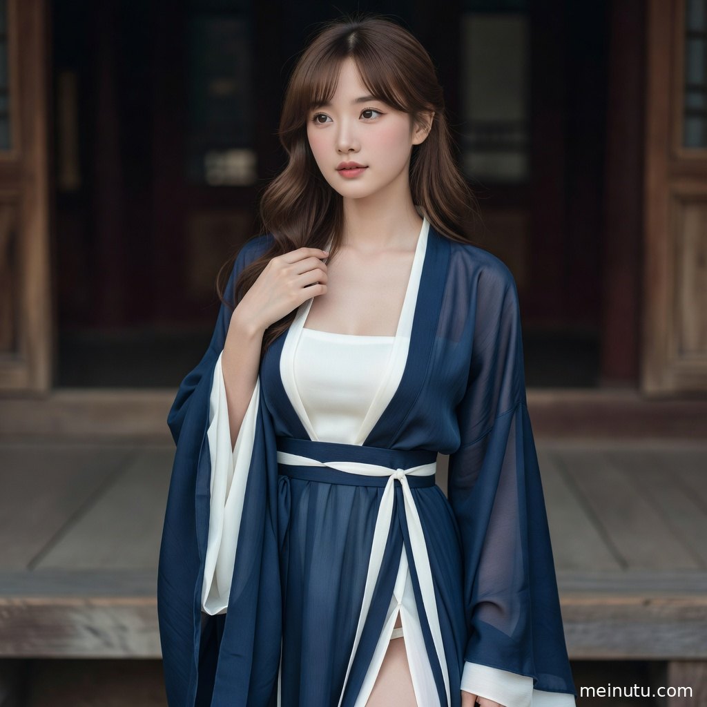 国风写真场景中，女性模特以唐风汉服造型展现端雅姿态与柔和光影。