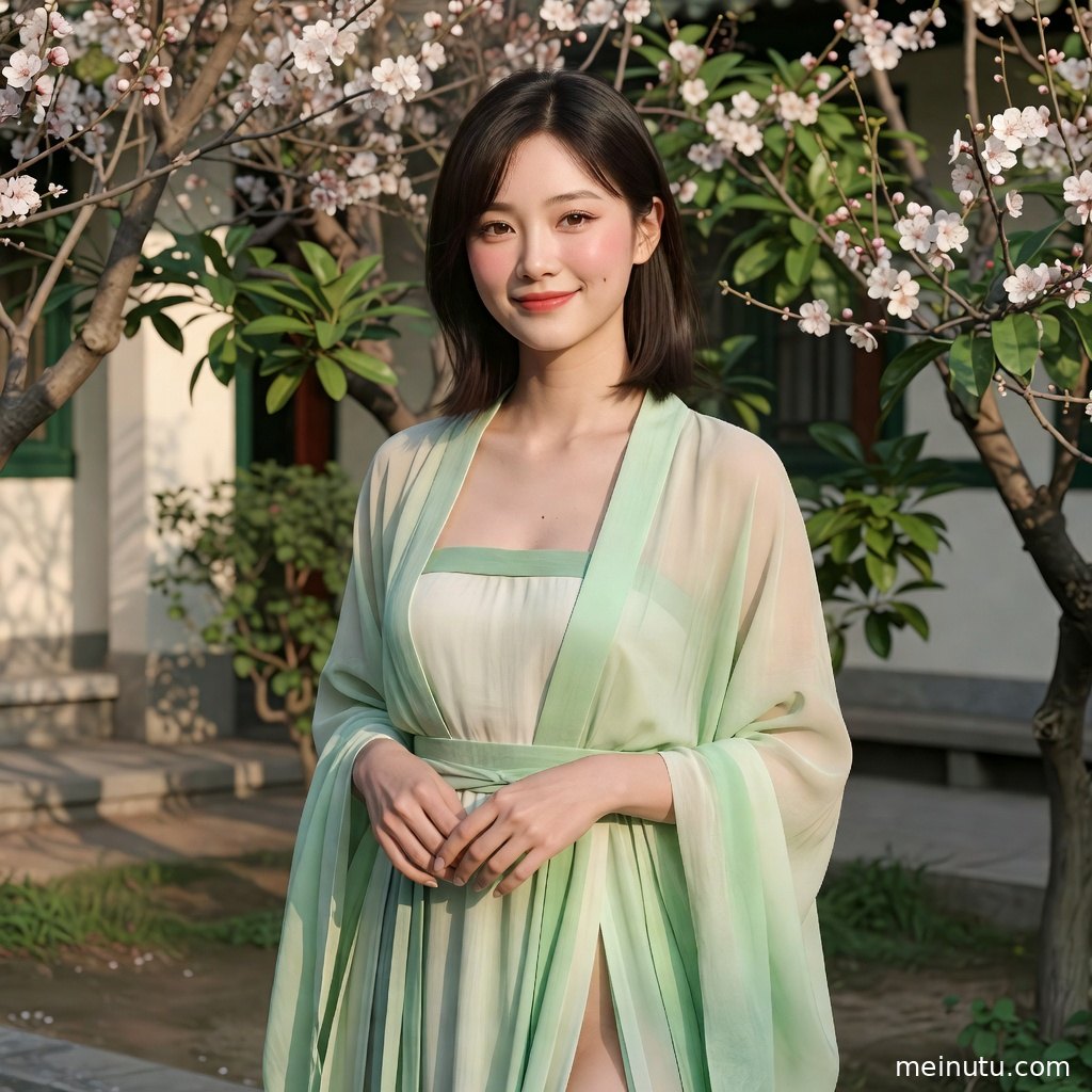 唐风汉服女子身着齐胸襦裙与披帛，站在暖色宫廷背景前呈现高清古风写真氛围。