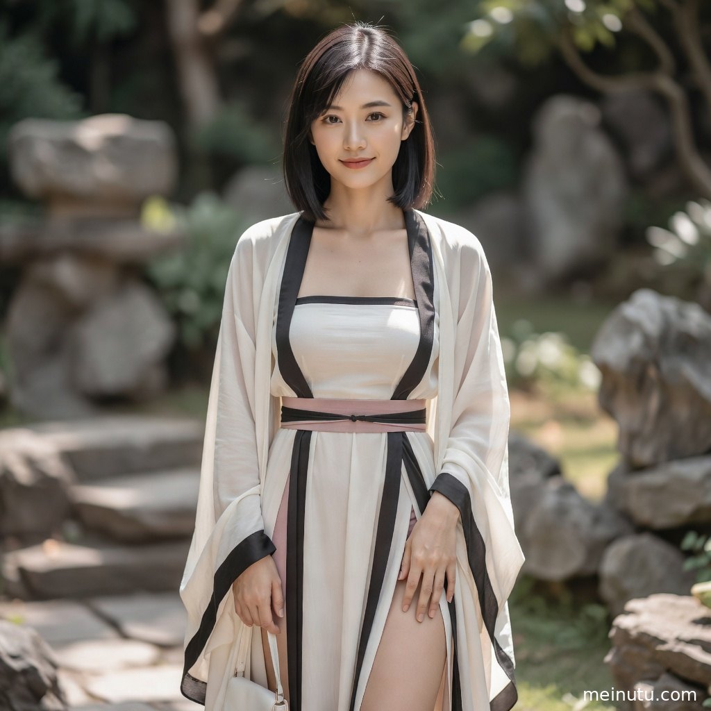 唐风汉服人物在花影与亭台场景中回眸，画面突出古装美女造型与柔和光感。