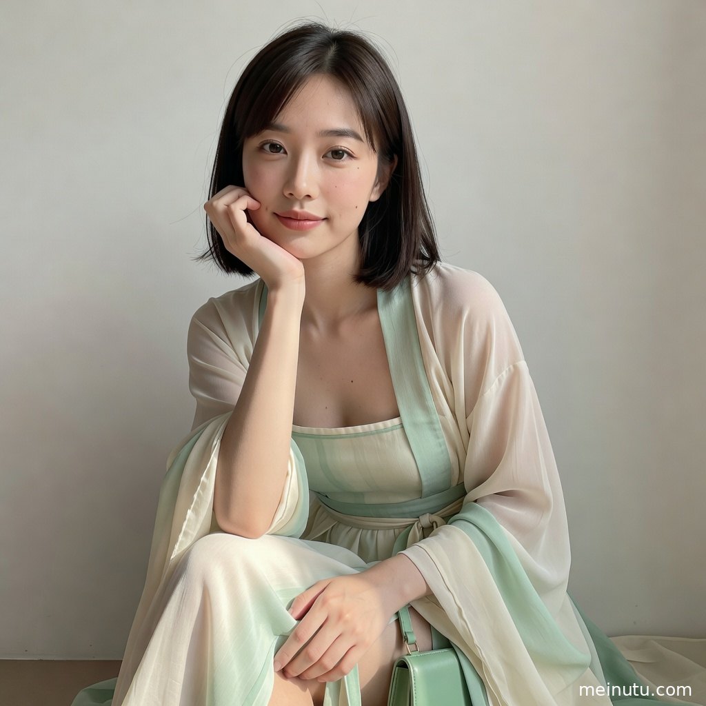盛唐风汉服造型以绣纹长裙和飘逸披帛为重点，展现高清汉服写真图集质感。