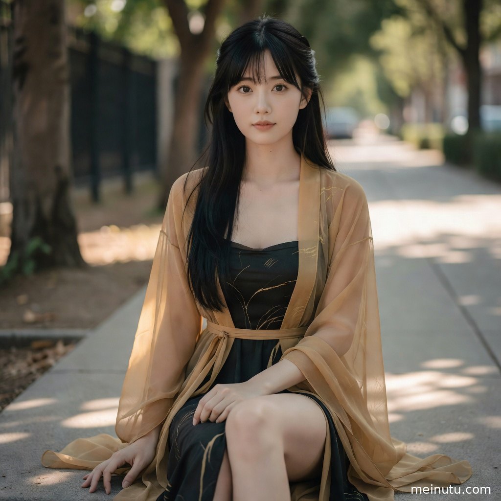 古装美女穿唐风汉服倚靠廊柱，层叠裙摆与精致纹样呈现高清细节。