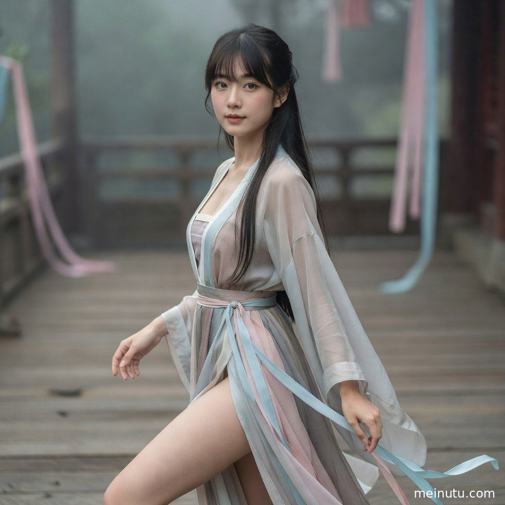 国风写真画面中模特身披飘逸披帛，唐风汉服造型适合作为古风壁纸素材。