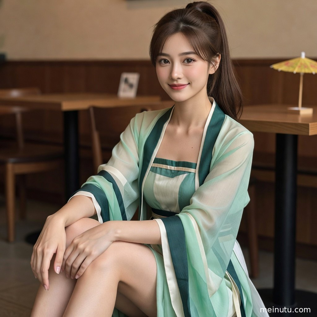 汉服美女身披柔色唐风服饰倚靠雕花栏杆，暖光映出古风写真中的华丽纹理。