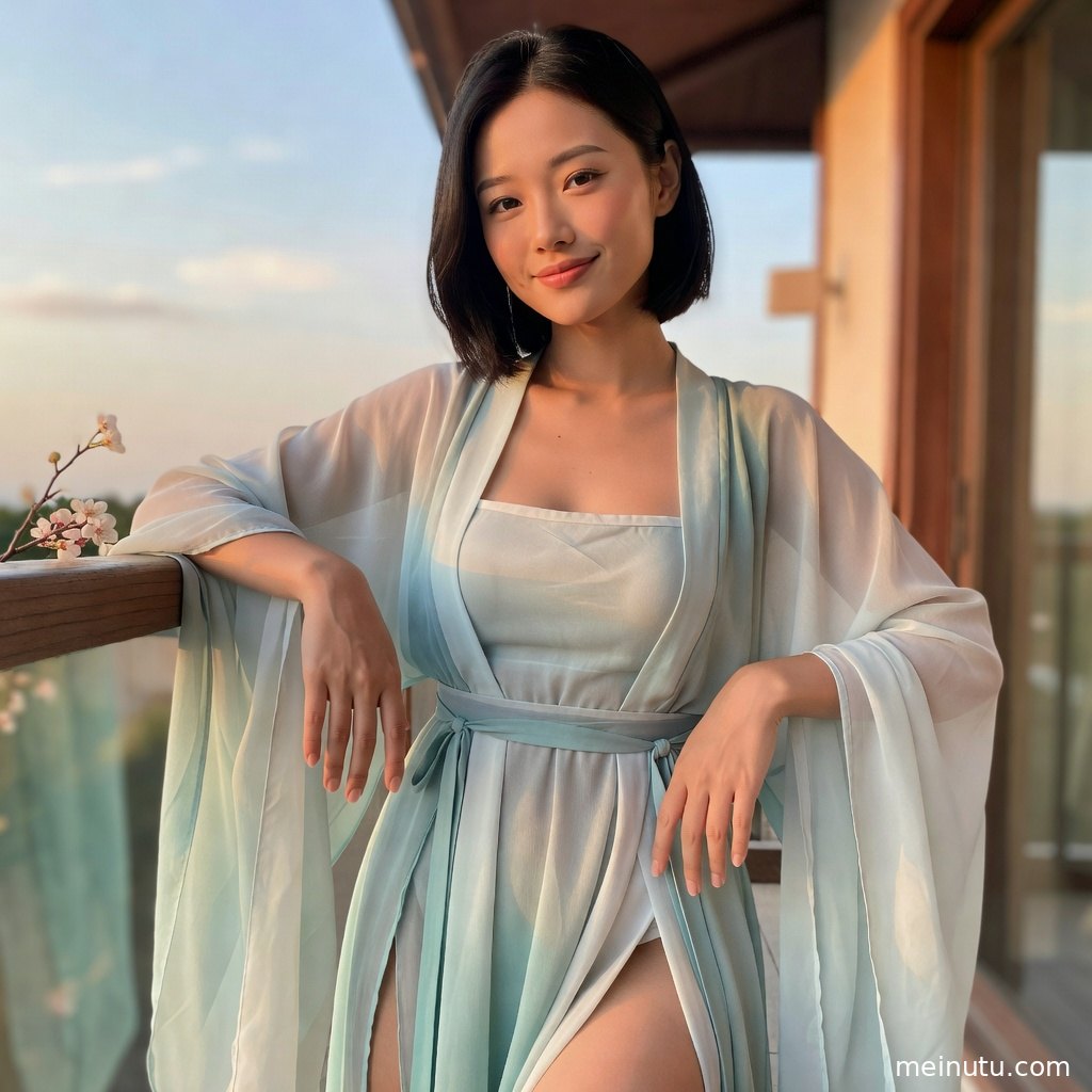 唐风汉服女子身着齐胸襦裙与披帛，在暖色古典布景中呈现国风写真氛围。