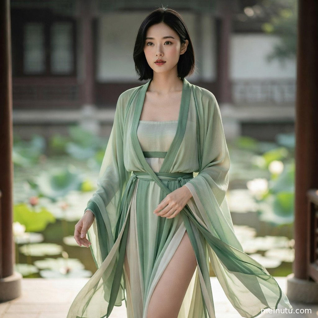 唐风汉服人物倚坐宫廷风场景，华丽裙摆与细腻纹样展现古装美女图片美感。
