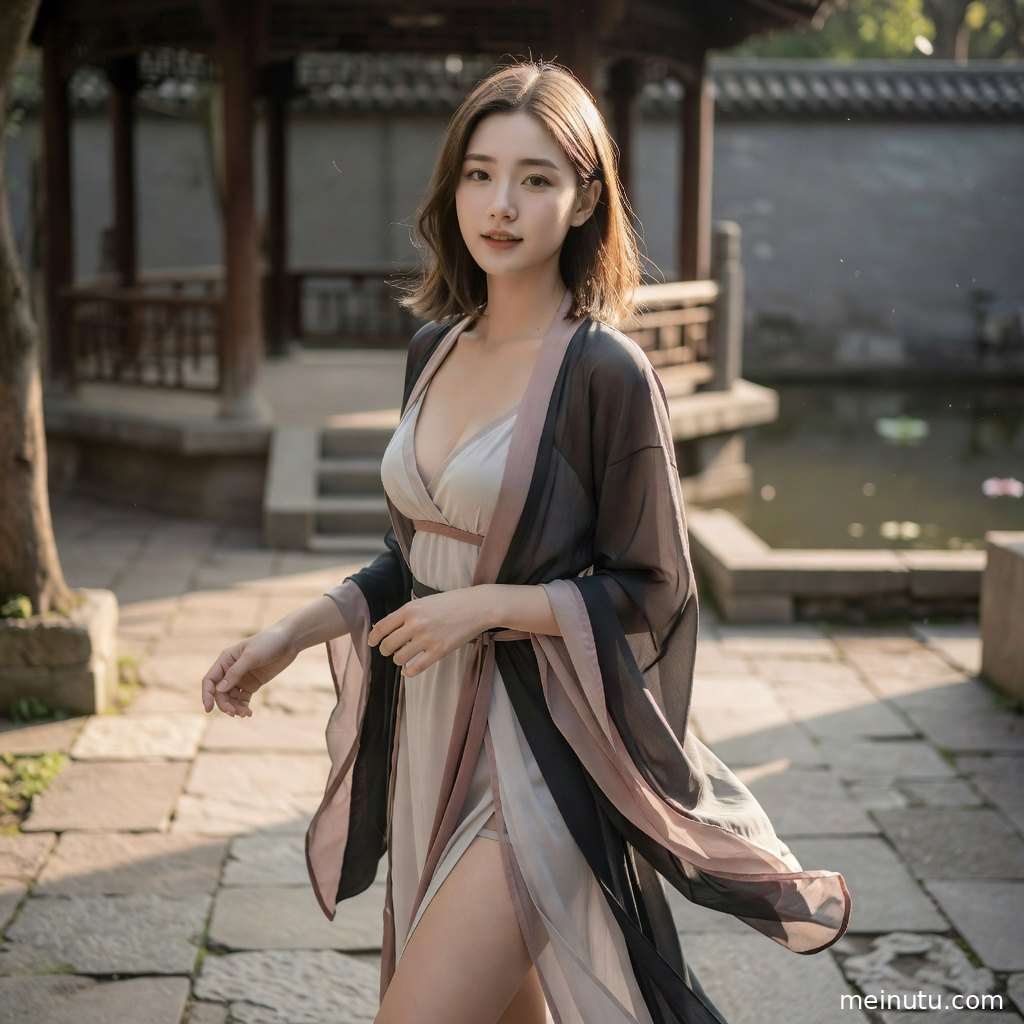Overhead view of a chinese hanfu photoshoot with floral shadows and elegant courtyard architecture.