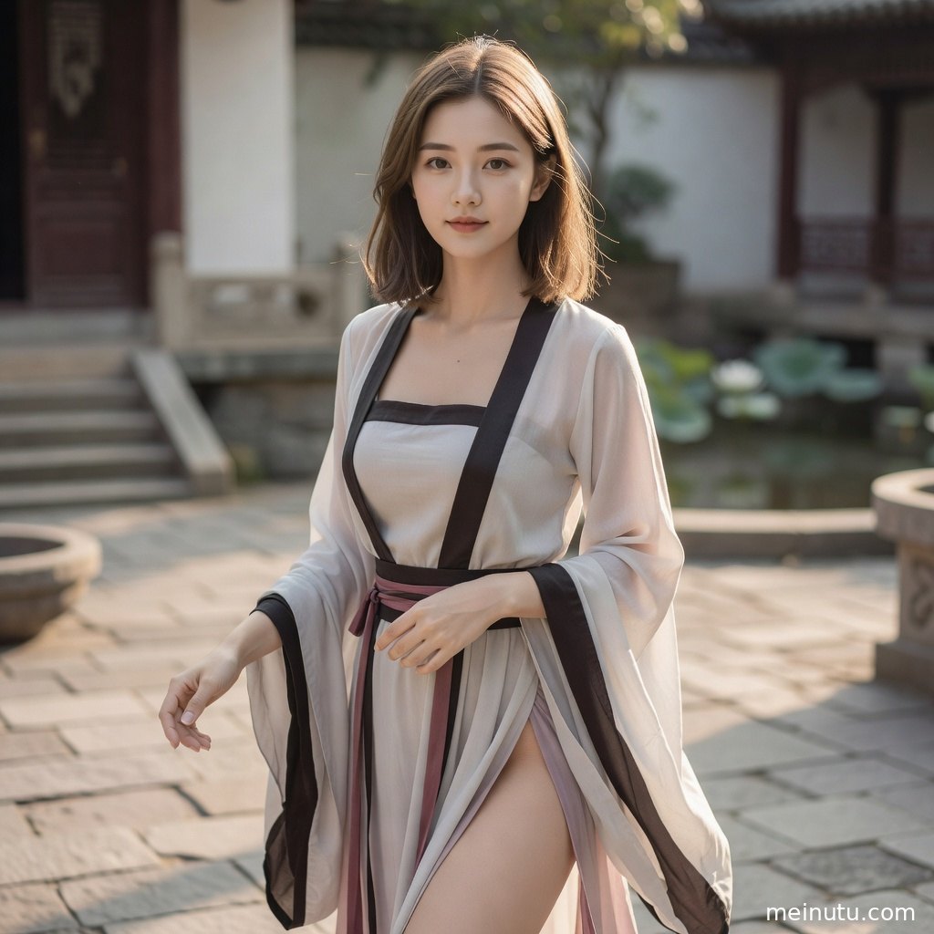 Asian woman wearing traditional chinese dress beside red railings in soft golden light.
