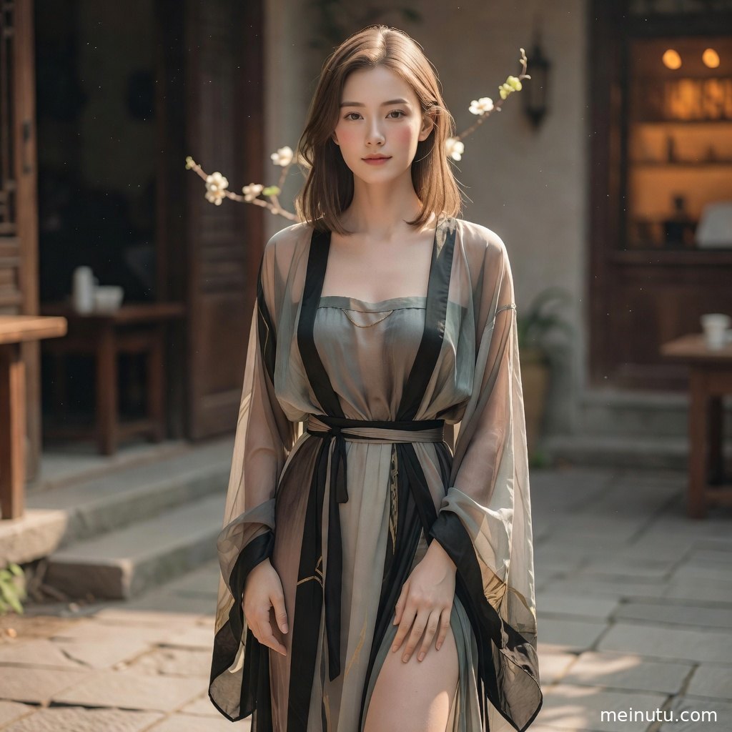 Close portrait wallpaper of Tang style hanfu styling with ornate hair accessories and warm courtyard atmosphere.