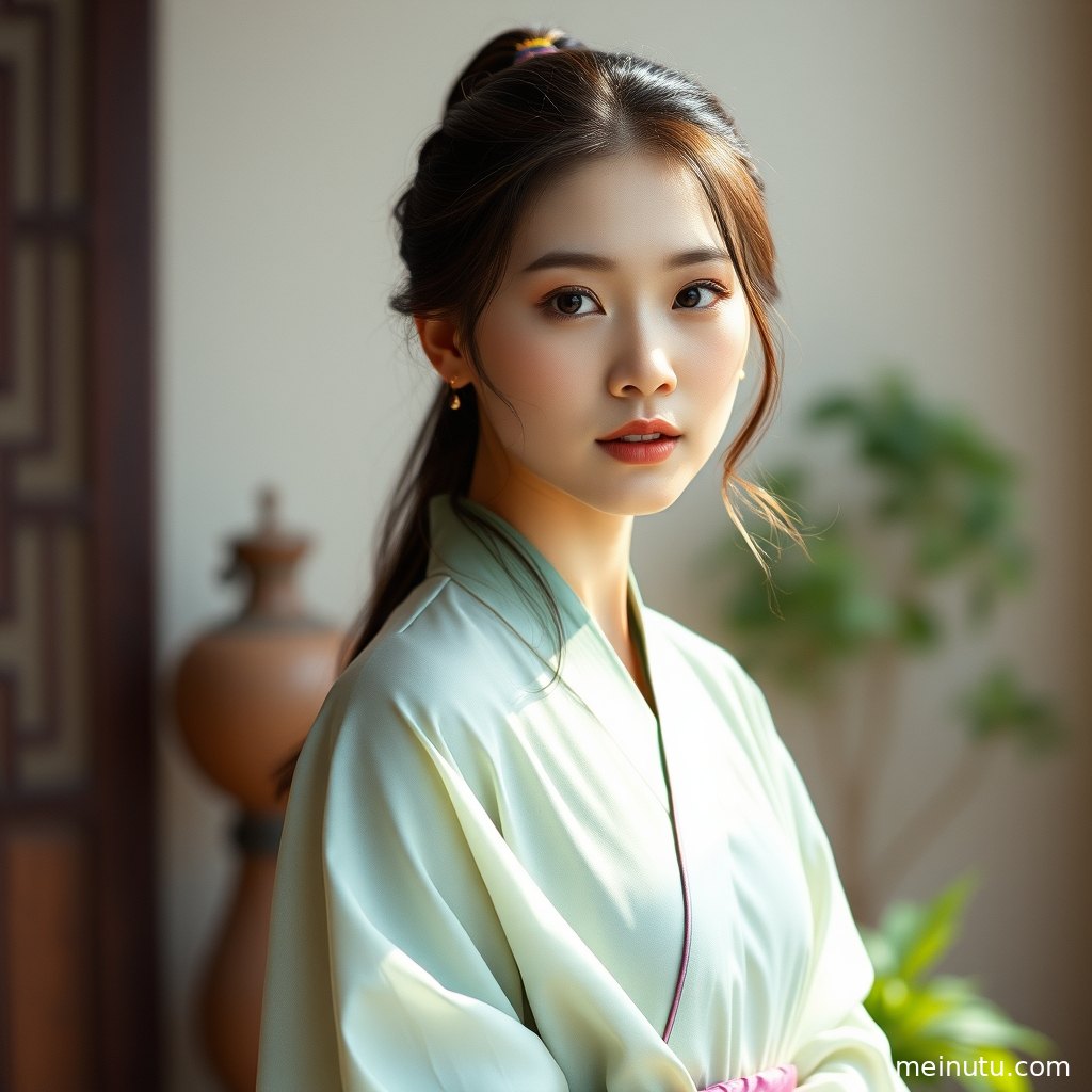 Elegant adult woman in ornate traditional chinese dress under cloudy diffused light, showing a dignified Tang-style hanfu aesthetic.