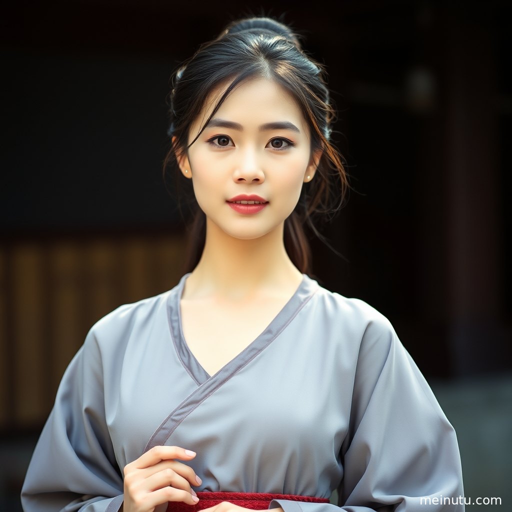 Full-body Tang dynasty hanfu photoshoot image highlighting refined embroidery, flowing fabric, and classical pattern details at dusk.