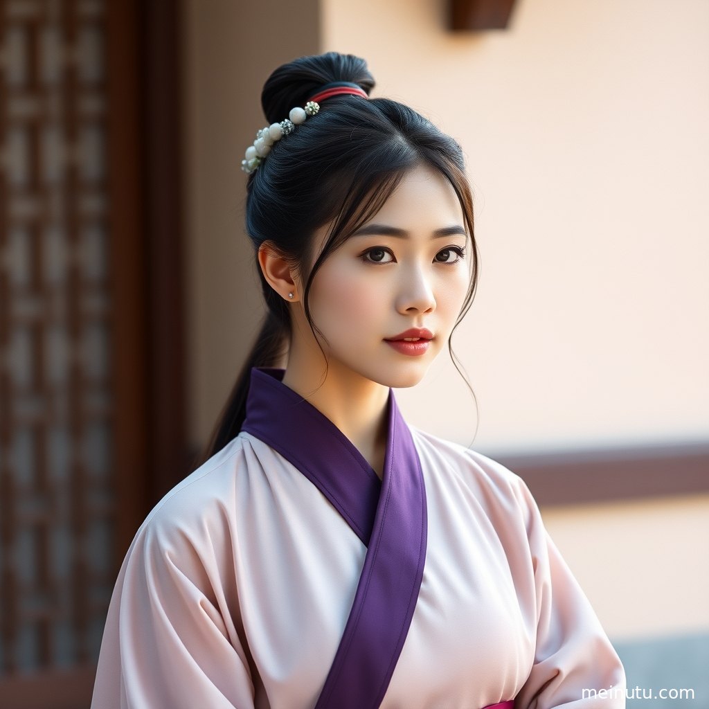 Asian adult woman standing quietly in Tang-style chinese hanfu, surrounded by hazy evening light and a poetic vintage mood.