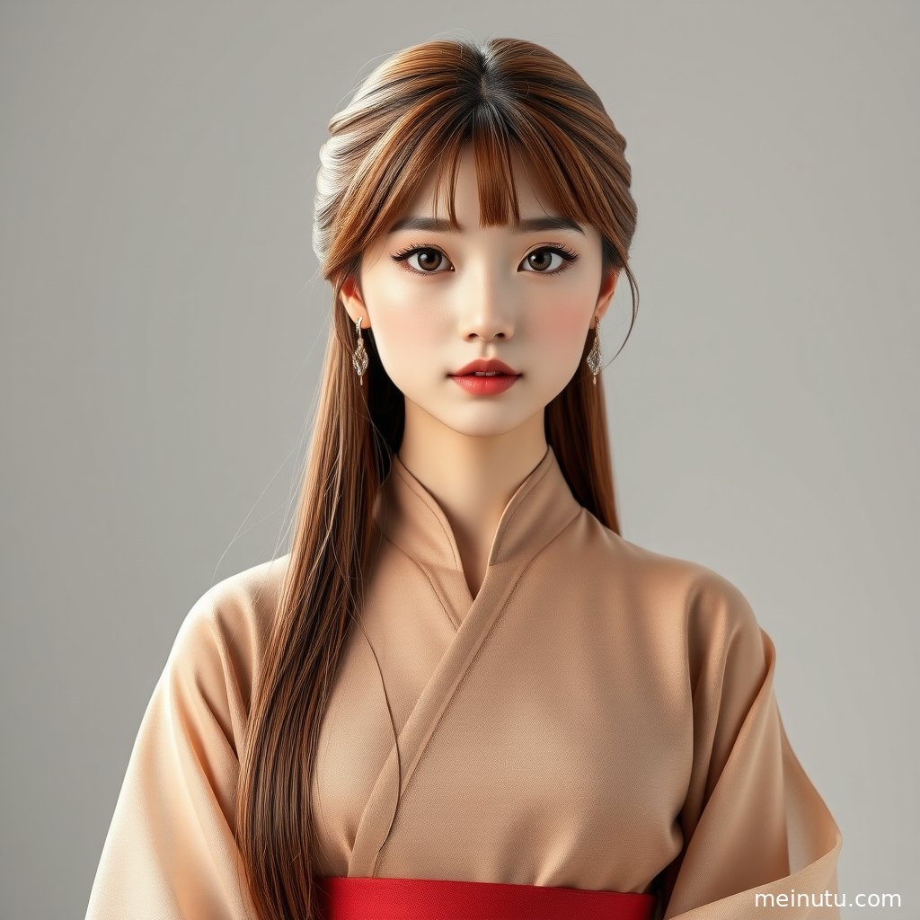 西安黄昏阴天漫射光下，年轻成年女性身着汉服在古意台阶间俯拍入镜。