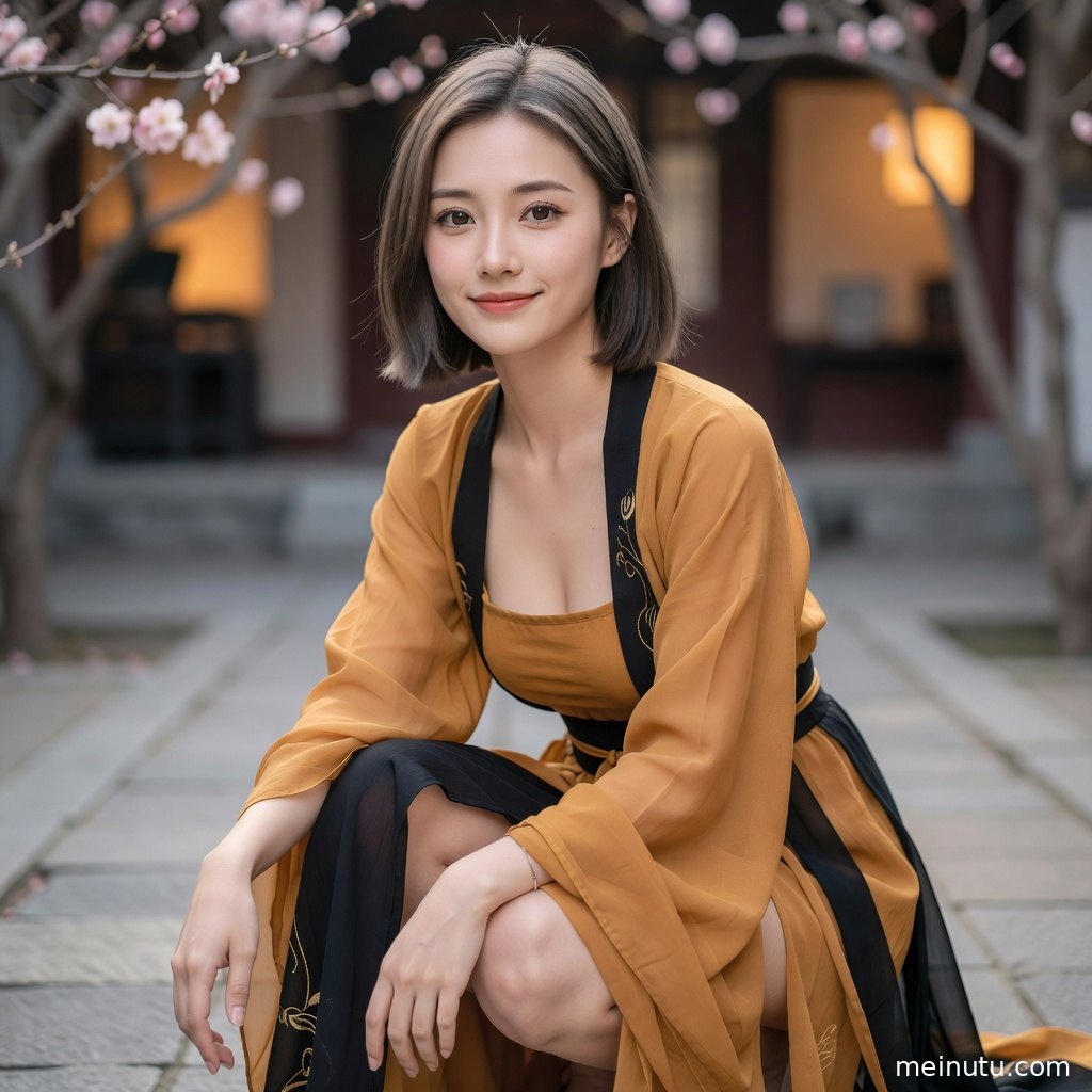 俯拍视角记录夏明制汉服层叠衣摆与庭院木门背景，画面清雅适合作为汉服美女图片。