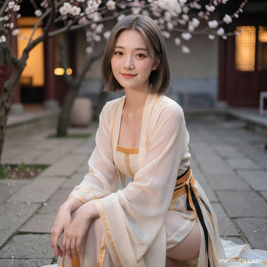 中式庭院阴天光线下的夏明制汉服写真，成年女性佩戴古典发饰展现温柔国风气质。