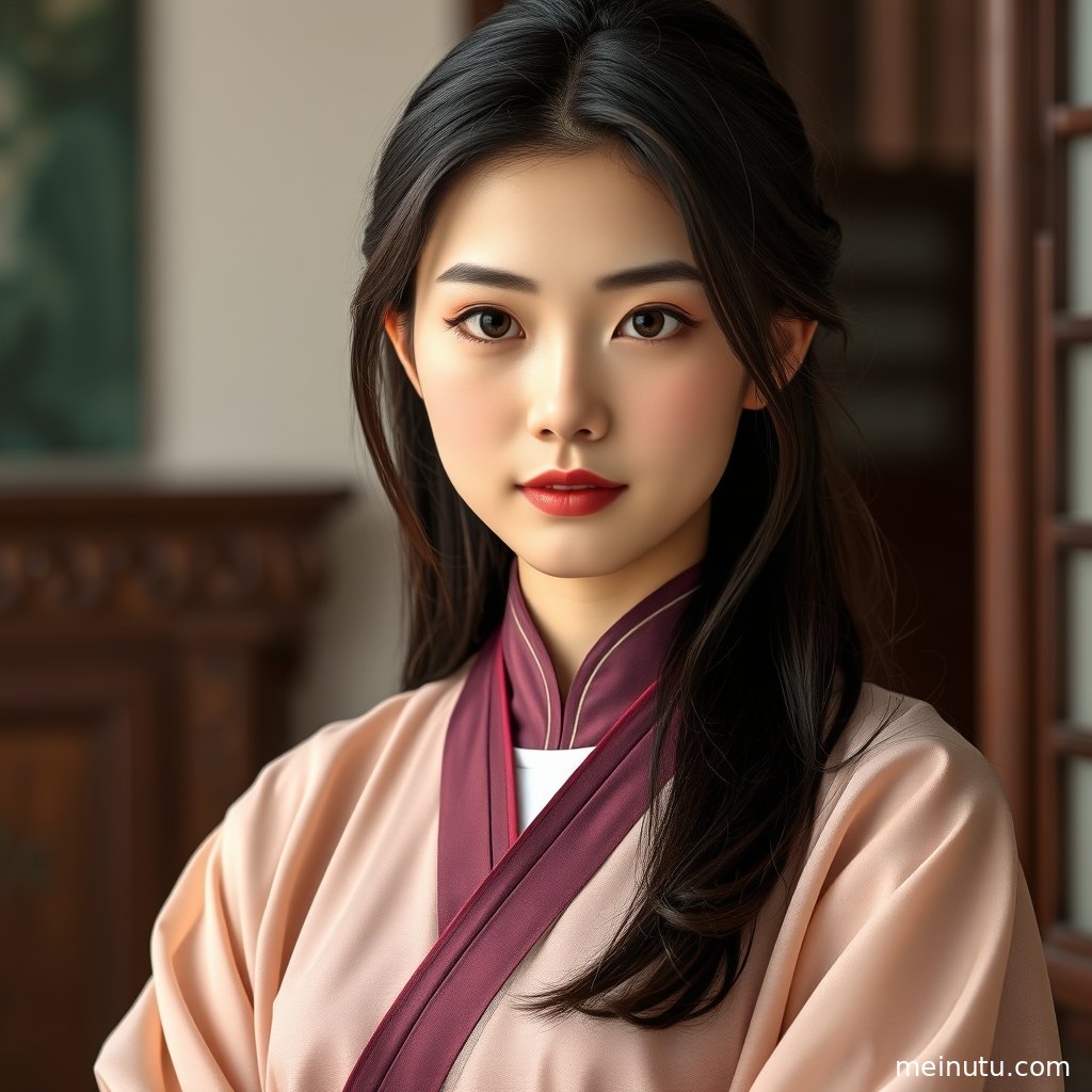 黄昏阴天漫射光下，年轻成年女性身着宋制汉服，以俯拍角度展现精致发髻与温柔神情。
