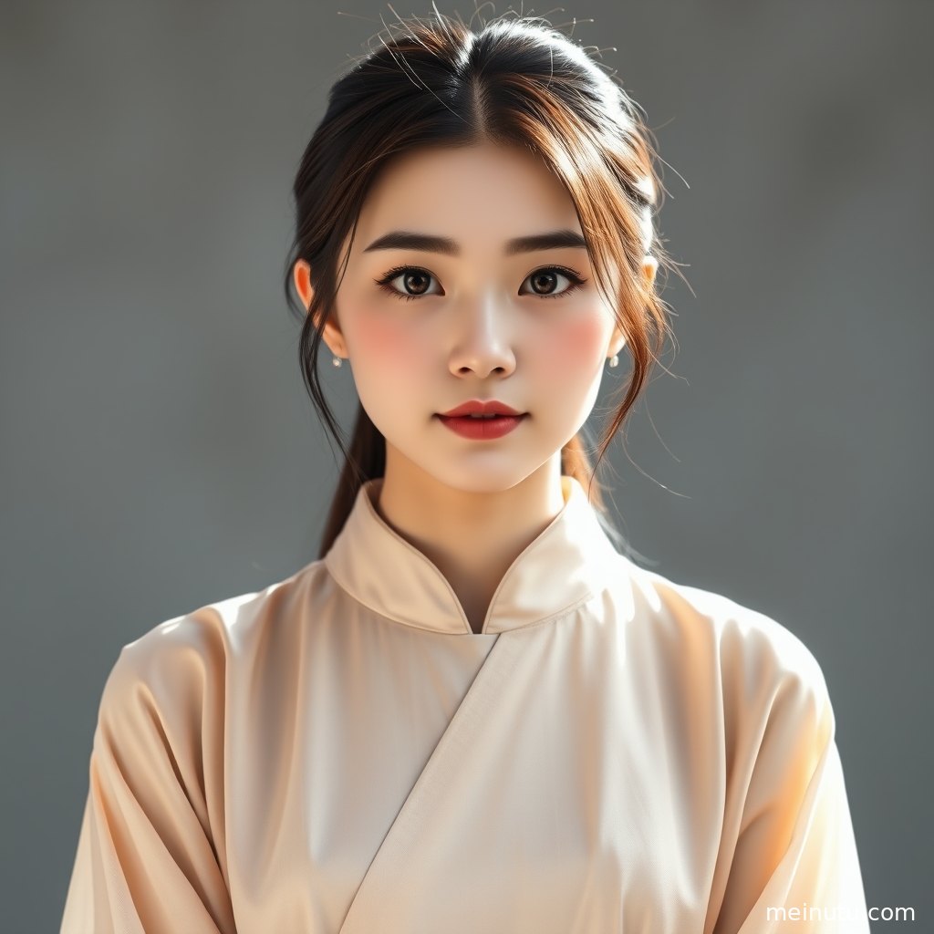 宋制汉服发型搭配素雅发饰，年轻成年女性在柔和灰调光线中呈现古风写真氛围。