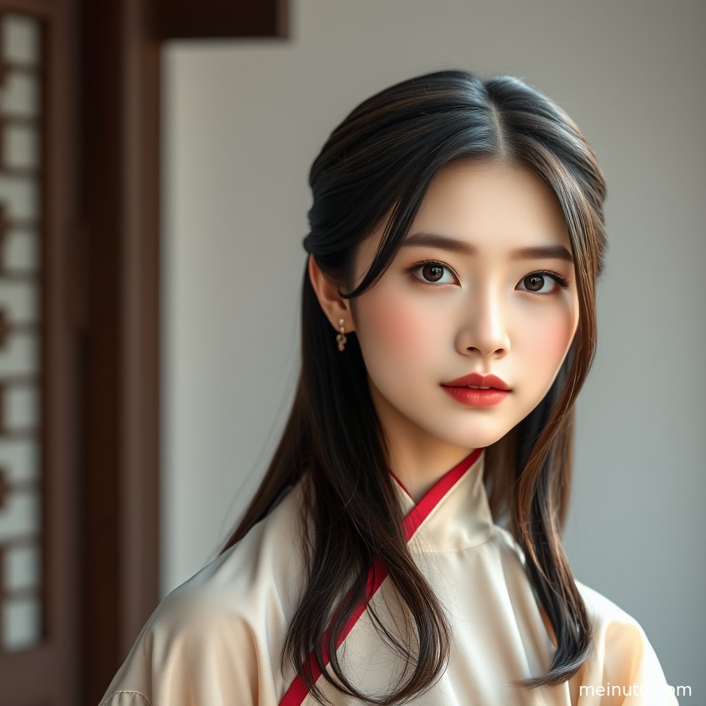 阴天黄昏光线包裹庭院场景，年轻成年女性身穿传统汉服呈现宁静国风写真画面。