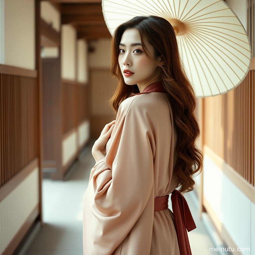 An adult woman wearing Song-style chinese hanfu rests beside a rustic window, framed by soft cinematic light and elegant shadows.