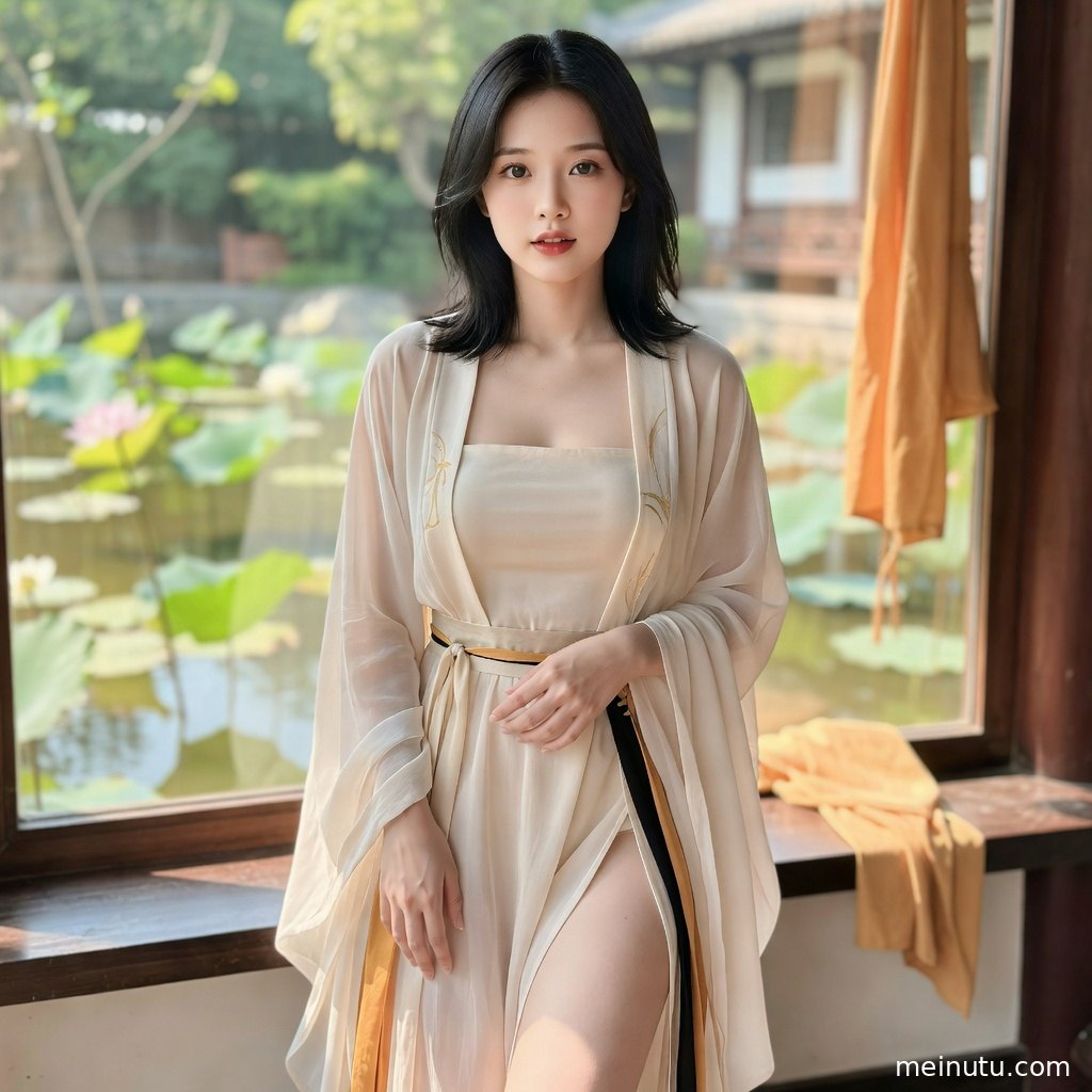 窗棂旁的汉服美女以低角度入镜，折扇半遮面部，衣袖层次与柔和光影相互映衬。