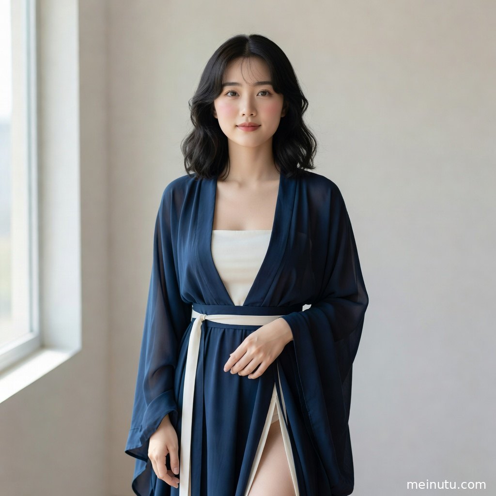 自然光洒入室内，年轻成年女性穿汉服轻举团扇，展现雅致国风写真氛围。