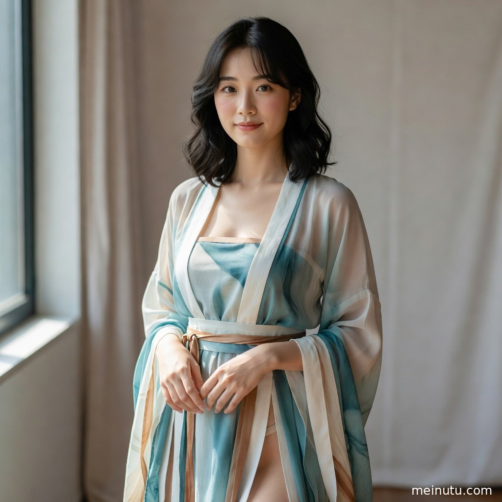 低角度拍摄汉服古风扇子舞瞬间，木窗、纱帘与精致发饰共同营造古典画面感。