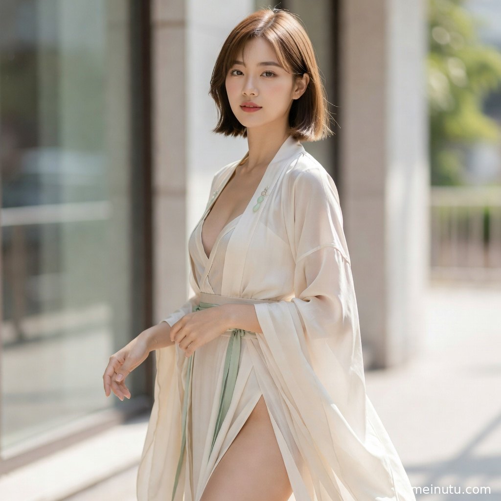 窗边自然光勾勒汉服衣袖与扇面线条，画面清雅细腻。