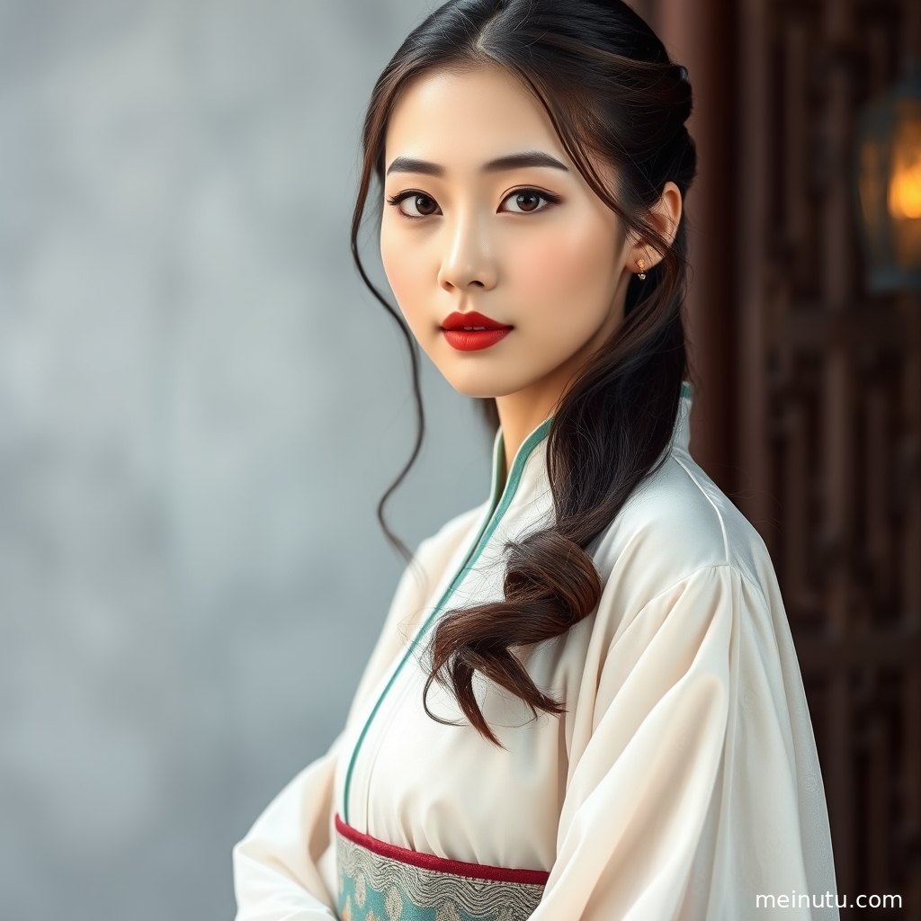 年轻成年女性身着浅色汉服立于晨光园林中，清透高光勾勒温柔古风写真氛围。