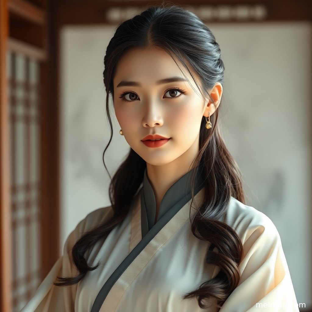 汉服美女侧身倚在木质廊边，三分法构图呈现晨光下的国风写真质感。