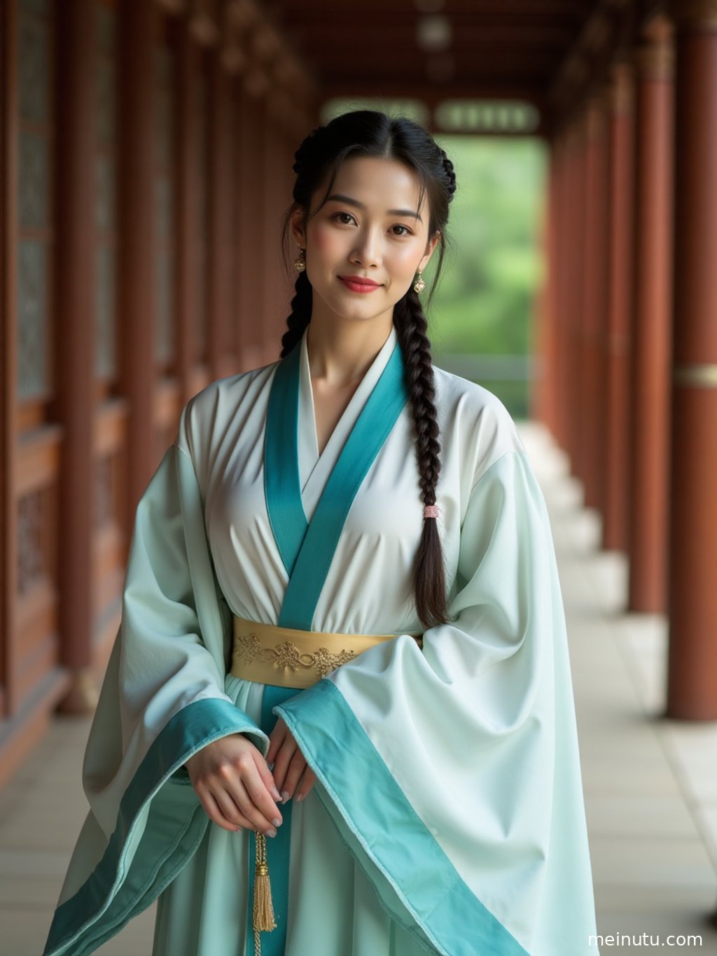 Adult asian woman in elegant chinese hanfu standing in soft morning haze, with a calm classical profile and muted background.
