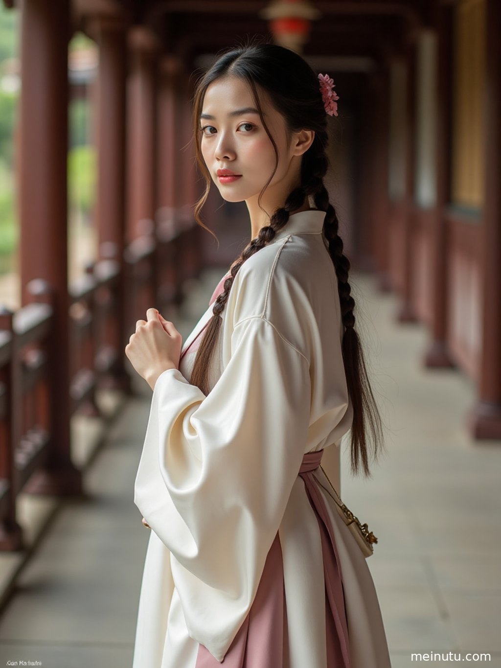 Adult asian model wearing traditional chinese dress in a quiet courtyard, outlined by overcast morning light.