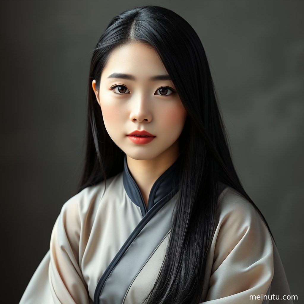汉服古装发型写真以低角度构图呈现盘发、发饰和衣袖纹理。