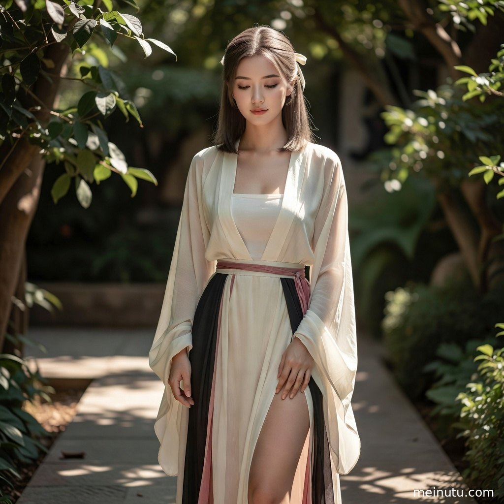 电影感逆光洒在花丛与汉服裙摆上，年轻成年女性佩戴精致发饰静立取景。