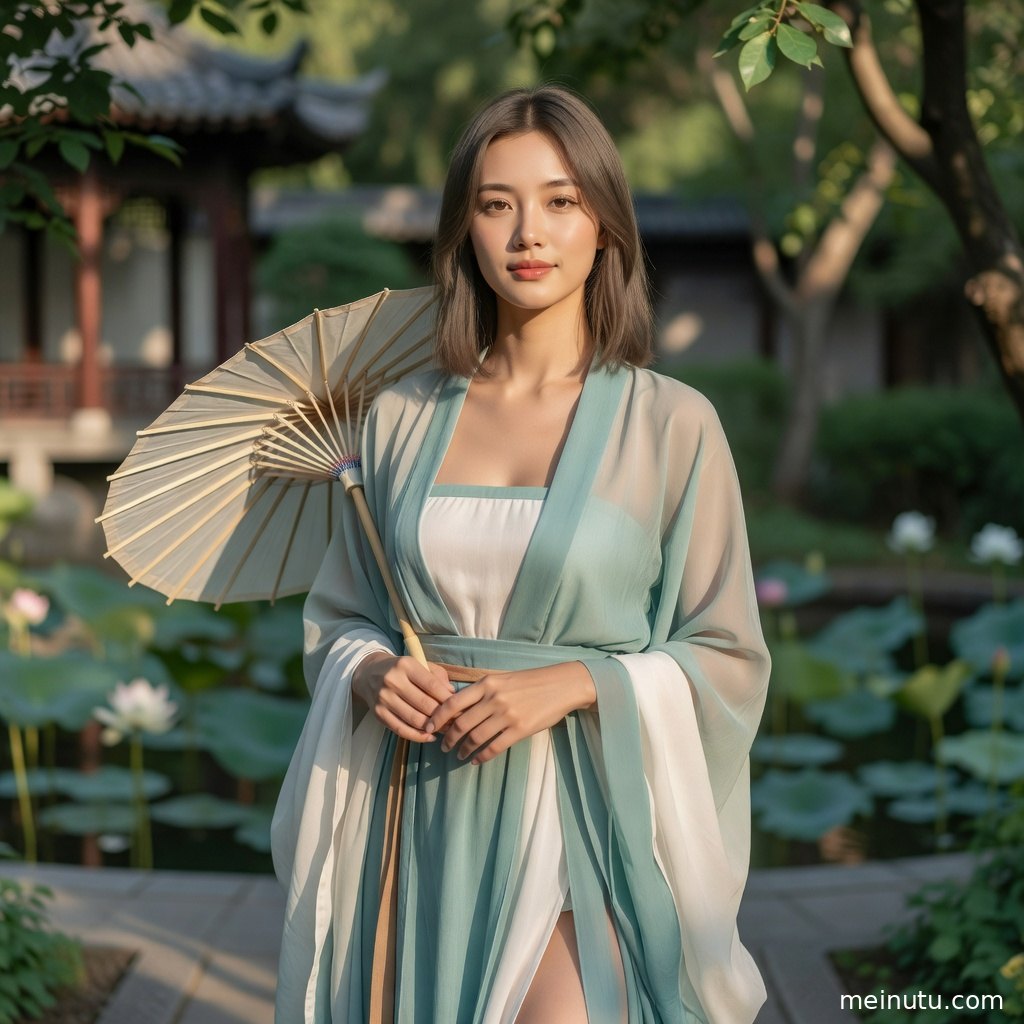 高清汉服婚礼造型写真呈现柔和花园背景，红色披帛与金色纹样层次清晰。