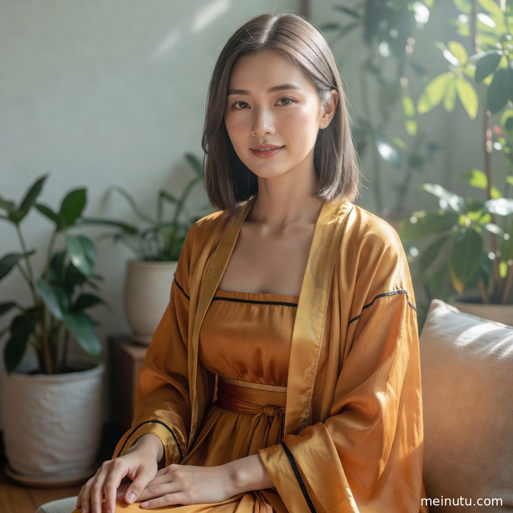 年轻成年女性在花园小径回眸，汉服发冠、妆容与自然光影营造国风氛围。
