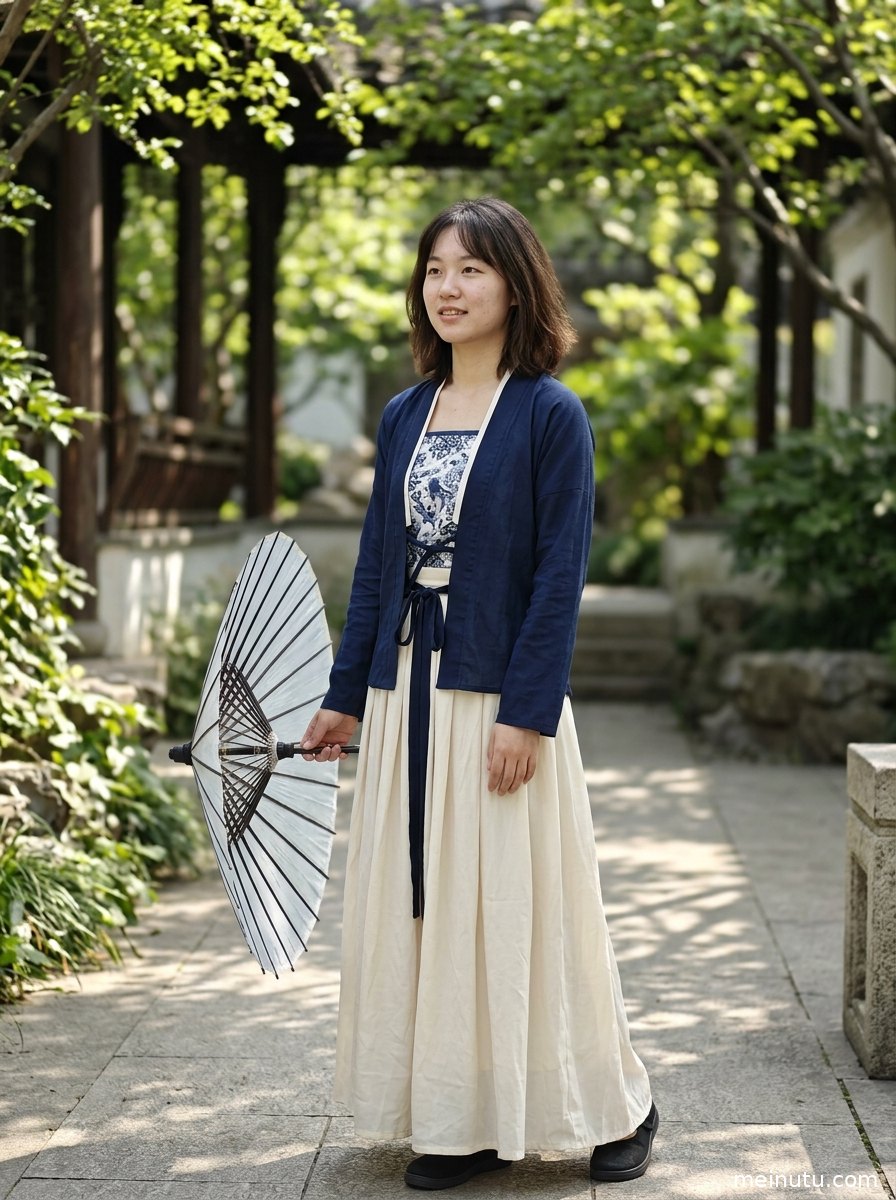 绿植背景中的汉服美女古风写真，半身构图展现绣纹服饰与柔和光影。