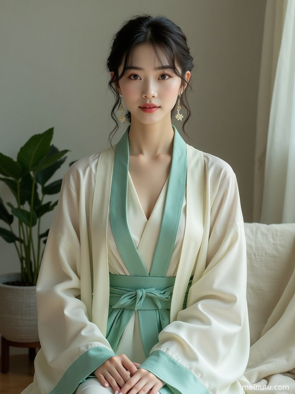 Adult asian woman wearing Ming-style chinese hanfu in a classical garden, surrounded by dappled cinematic light and an elegant oriental atmosphere.