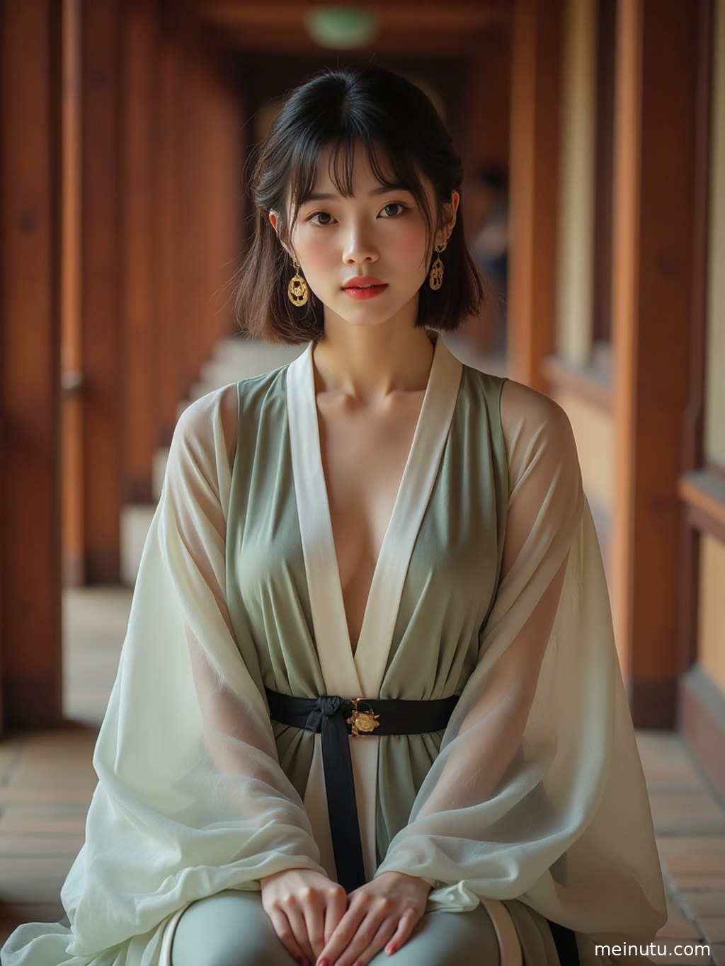 Adult woman in chinese hanfu standing in a garden corner as sunlight filters through leaves, creating gentle cinematic shadows.
