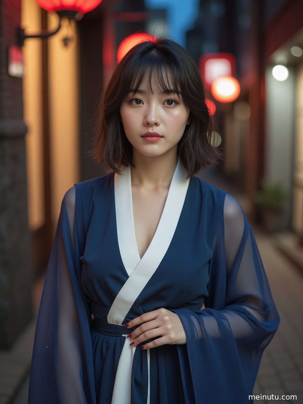 Side-profile portrait of an adult asian model with Ming-style hanfu hair styling, calm expression, and floral garden scenery.