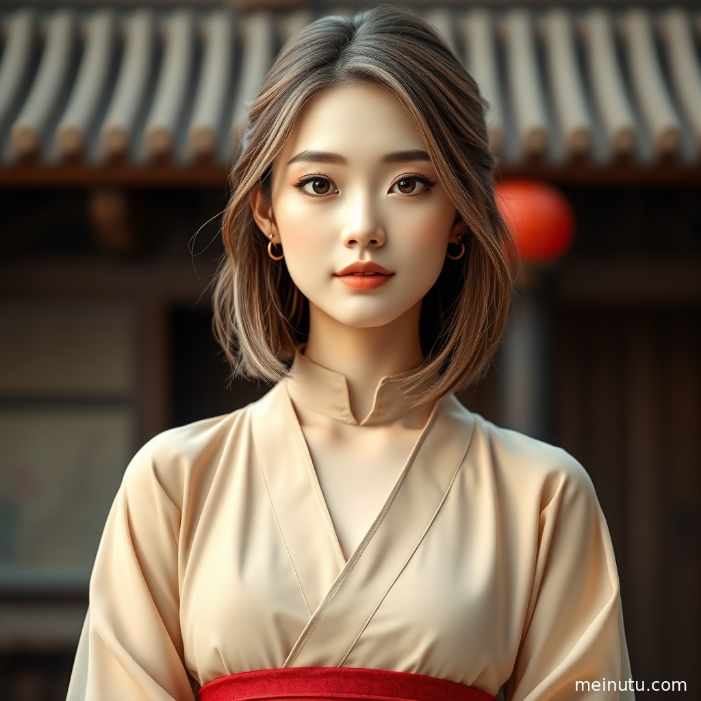 汉服美女在柔和窗影前轻扶衣袖，暖色晨光勾勒中国风服饰纹理。